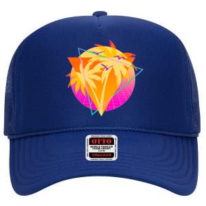 Retro Eighties 80's Tropical Palm Trees Emblem High Crown Mesh Back Trucker Hat