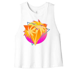 Retro Eighties 80's Tropical Palm Trees Emblem Women's Racerback Cropped Tank