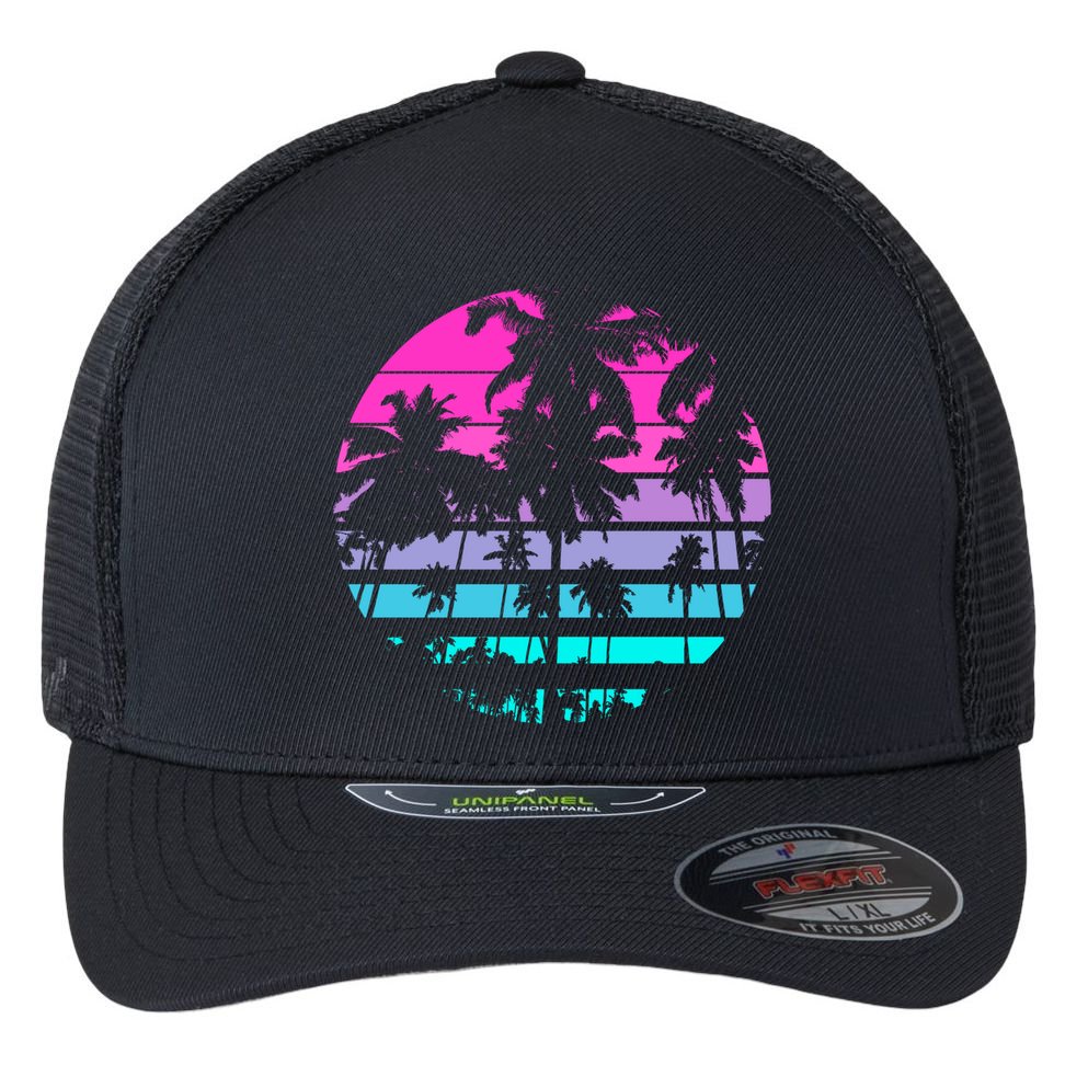 Retro Eighties 80s And 90s Beach Style Design With Palm Trees Great Gift Flexfit Unipanel Trucker Cap