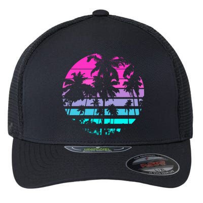 Retro Eighties 80s And 90s Beach Style Design With Palm Trees Great Gift Flexfit Unipanel Trucker Cap