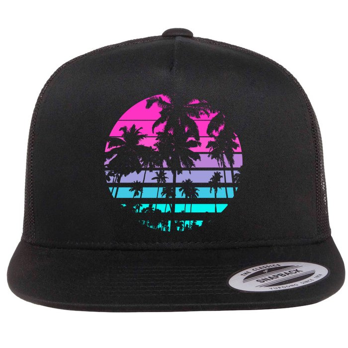 Retro Eighties 80s And 90s Beach Style Design With Palm Trees Great Gift Flat Bill Trucker Hat