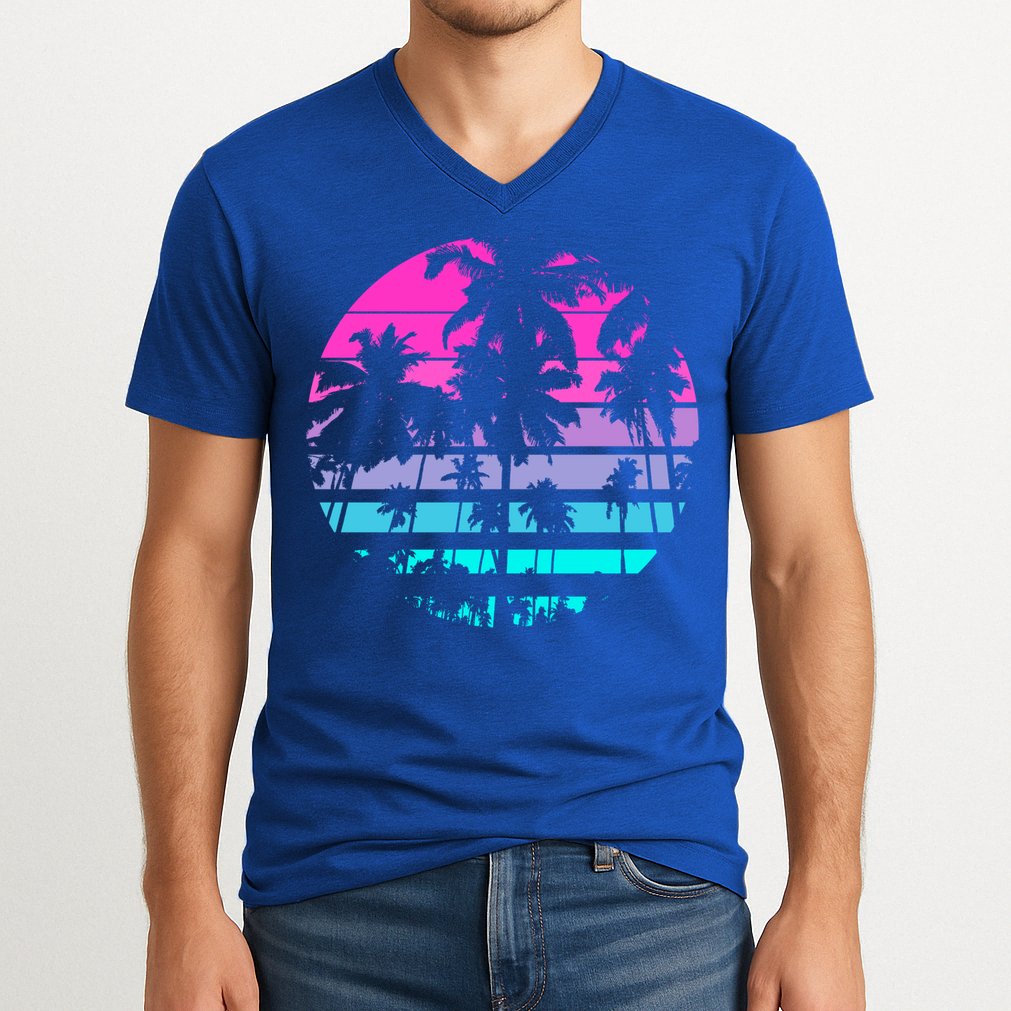 Retro Eighties 80s And 90s Beach Style Design With Palm Trees Great Gift V-Neck T-Shirt