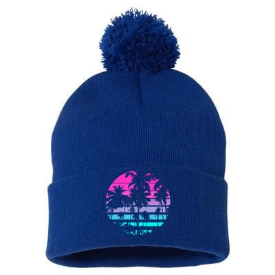 Retro Eighties 80s And 90s Beach Style Design With Palm Trees Great Gift Pom Pom 12in Knit Beanie