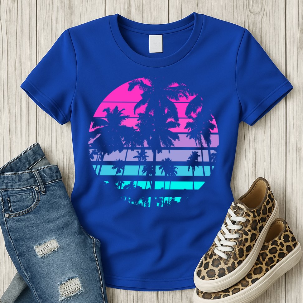 Retro Eighties 80s And 90s Beach Style Design With Palm Trees Great Gift Womens T-Shirt