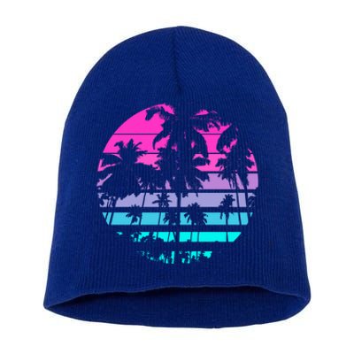 Retro Eighties 80s And 90s Beach Style Design With Palm Trees Great Gift Short Acrylic Beanie