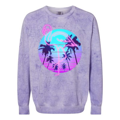 Retro Eighties 80's Neon Flamingo Emblem Colorblast Crewneck Sweatshirt