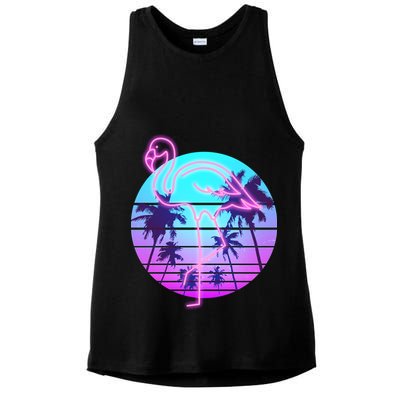 Retro Eighties 80's Neon Flamingo Emblem Ladies PosiCharge Tri-Blend Wicking Tank