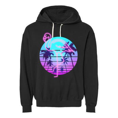 Retro Eighties 80's Neon Flamingo Emblem Garment-Dyed Fleece Hoodie