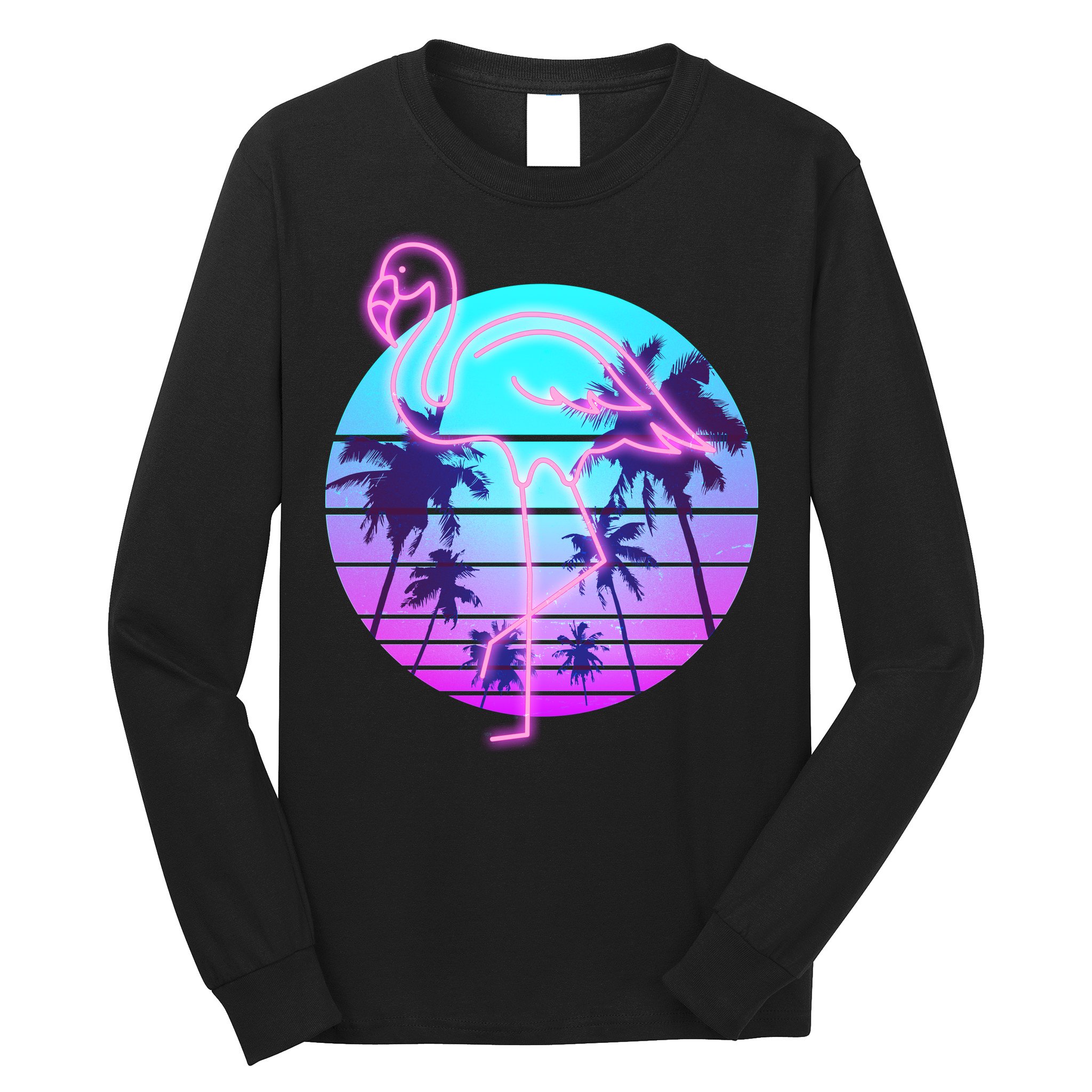 Retro Eighties 80's Neon Flamingo Emblem Long Sleeve Shirt