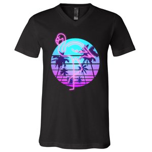 Retro Eighties 80's Neon Flamingo Emblem V-Neck T-Shirt