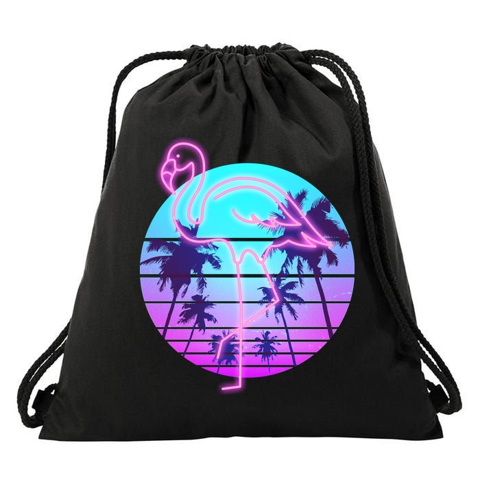 Retro Eighties 80's Neon Flamingo Emblem Drawstring Bag