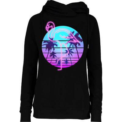 Retro Eighties 80's Neon Flamingo Emblem Womens Funnel Neck Pullover Hood