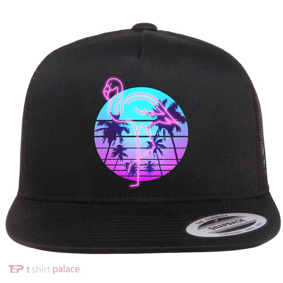 Retro Eighties 80's Neon Flamingo Emblem Flatbill Hat