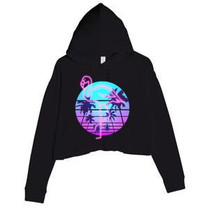 Retro Eighties 80's Neon Flamingo Emblem Crop Fleece Hoodie