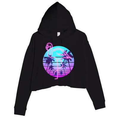 Retro Eighties 80's Neon Flamingo Emblem Crop Fleece Hoodie