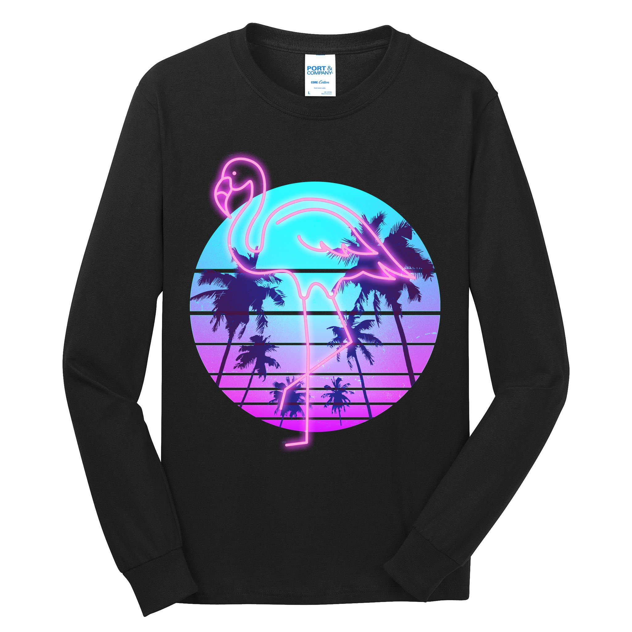 Retro Eighties 80's Neon Flamingo Emblem Tall Long Sleeve T-Shirt