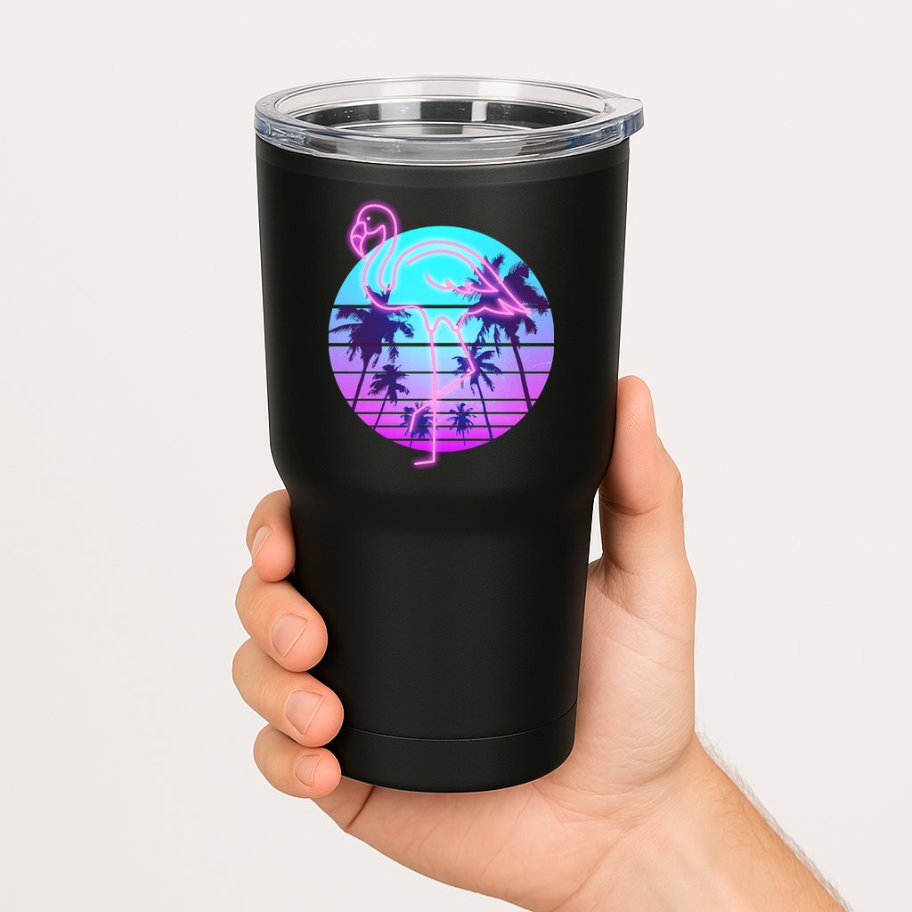 Retro Eighties 80's Neon Flamingo Emblem Tumbler