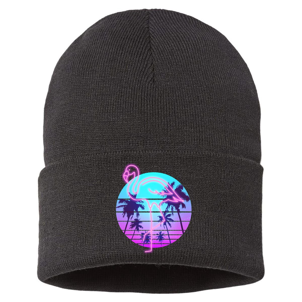 Retro Eighties 80's Neon Flamingo Emblem Sustainable Knit Beanie