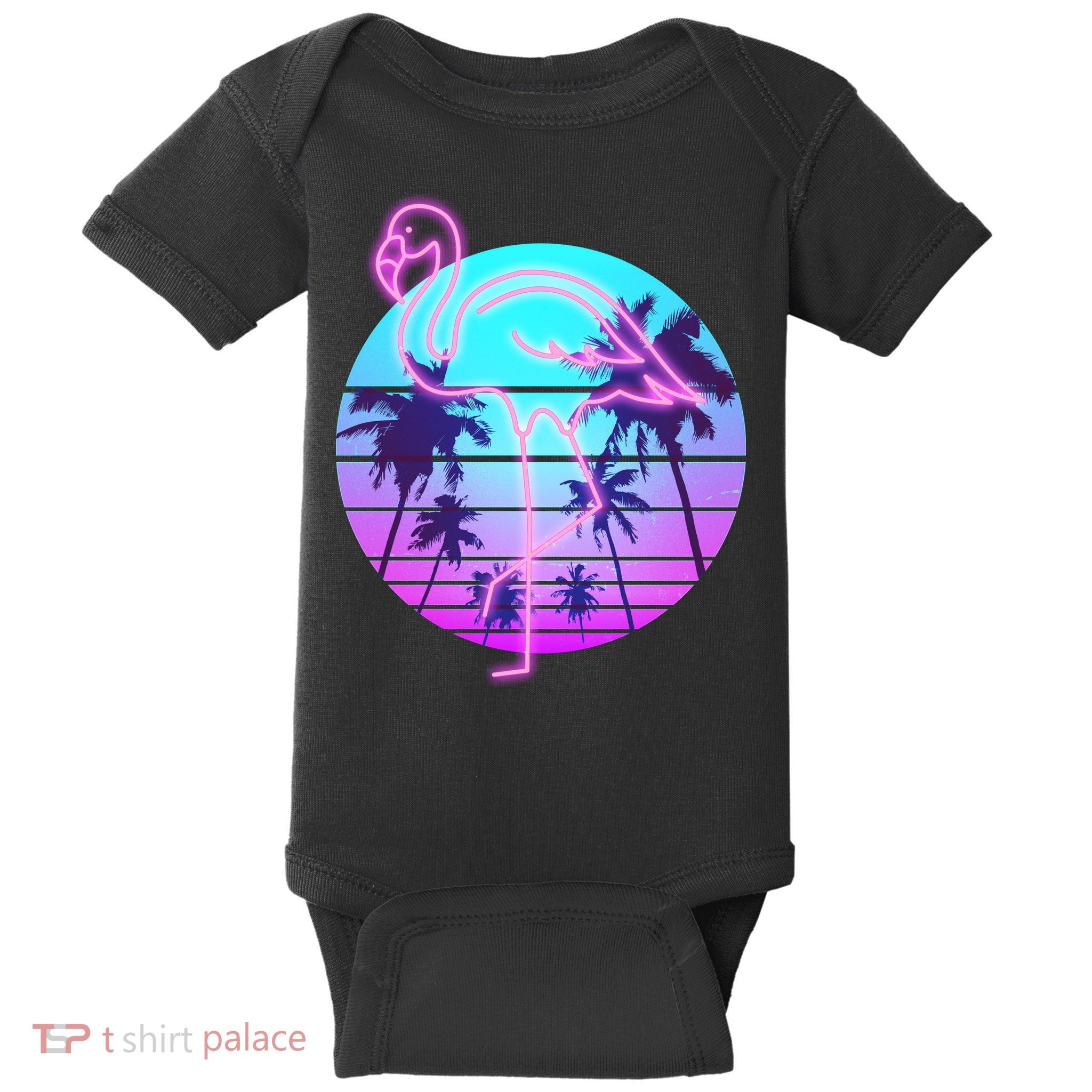 Retro Eighties 80's Neon Flamingo Emblem Baby Bodysuit