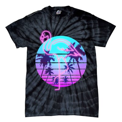Retro Eighties 80's Neon Flamingo Emblem Tie-Dye T-Shirt