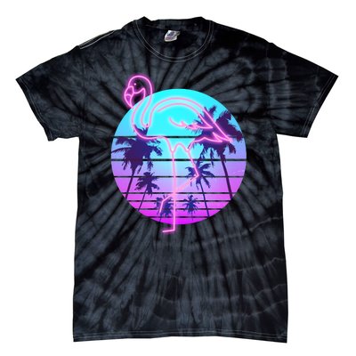 Retro Eighties 80's Neon Flamingo Emblem Tie-Dye T-Shirt