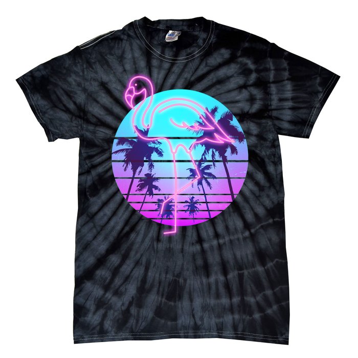 Retro Eighties 80's Neon Flamingo Emblem Tie-Dye T-Shirt