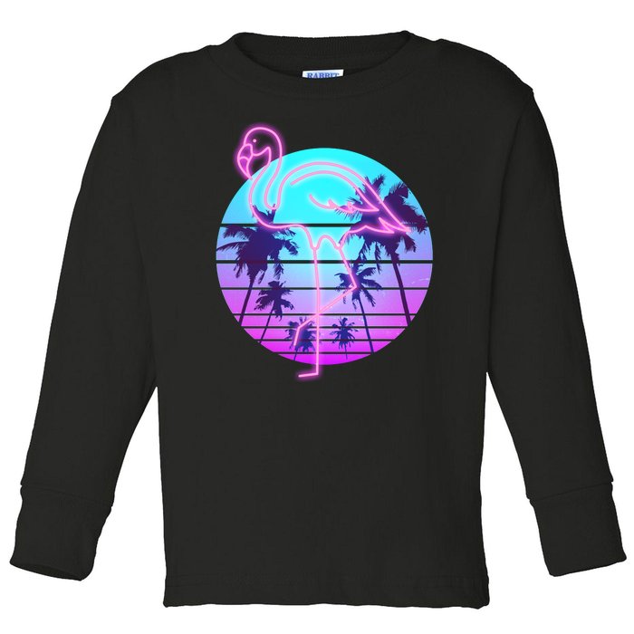 Retro Eighties 80's Neon Flamingo Emblem Toddler Long Sleeve Shirt