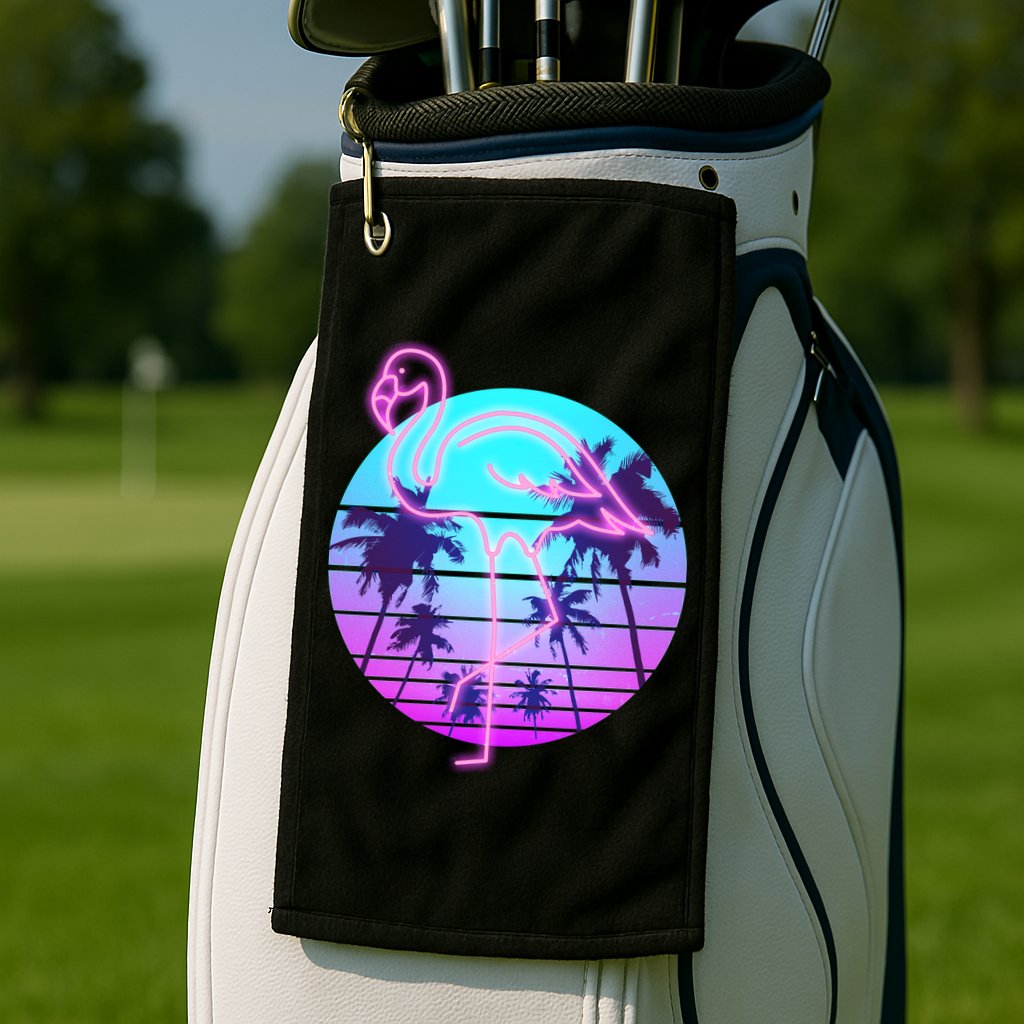 Retro Eighties 80's Neon Flamingo Emblem Golf Towel