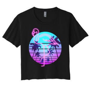 Retro Eighties 80's Neon Flamingo Emblem Women's Crop Top Tee