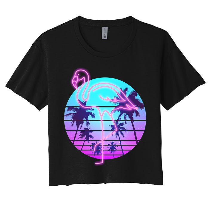 Retro Eighties 80's Neon Flamingo Emblem Crop Top