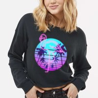 Retro Eighties 80's Neon Flamingo Emblem Cropped Pullover Crew