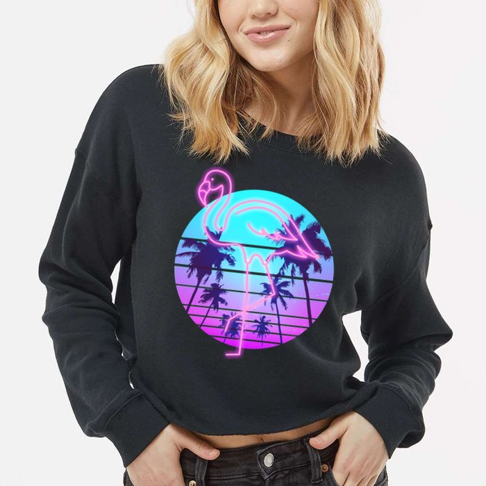 Retro Eighties 80's Neon Flamingo Emblem Cropped Pullover Crew