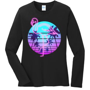 Retro Eighties 80's Neon Flamingo Emblem Ladies Long Sleeve Shirt