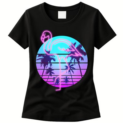 Retro Eighties 80's Neon Flamingo Emblem Womens T-Shirt