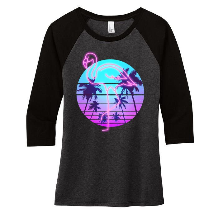 Retro Eighties 80's Neon Flamingo Emblem Women's Tri-Blend 3/4-Sleeve Raglan Shirt