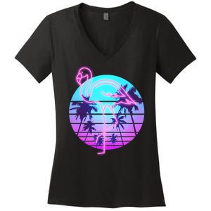 Retro Eighties 80's Neon Flamingo Emblem Women's V-Neck T-Shirt