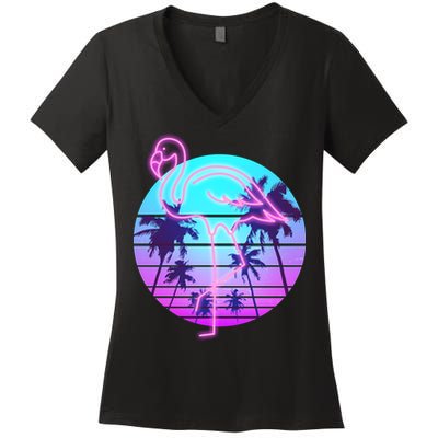 Retro Eighties 80's Neon Flamingo Emblem Women's V-Neck T-Shirt