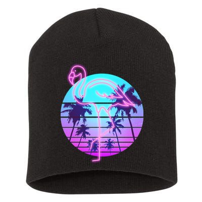 Retro Eighties 80's Neon Flamingo Emblem Short Acrylic Beanie