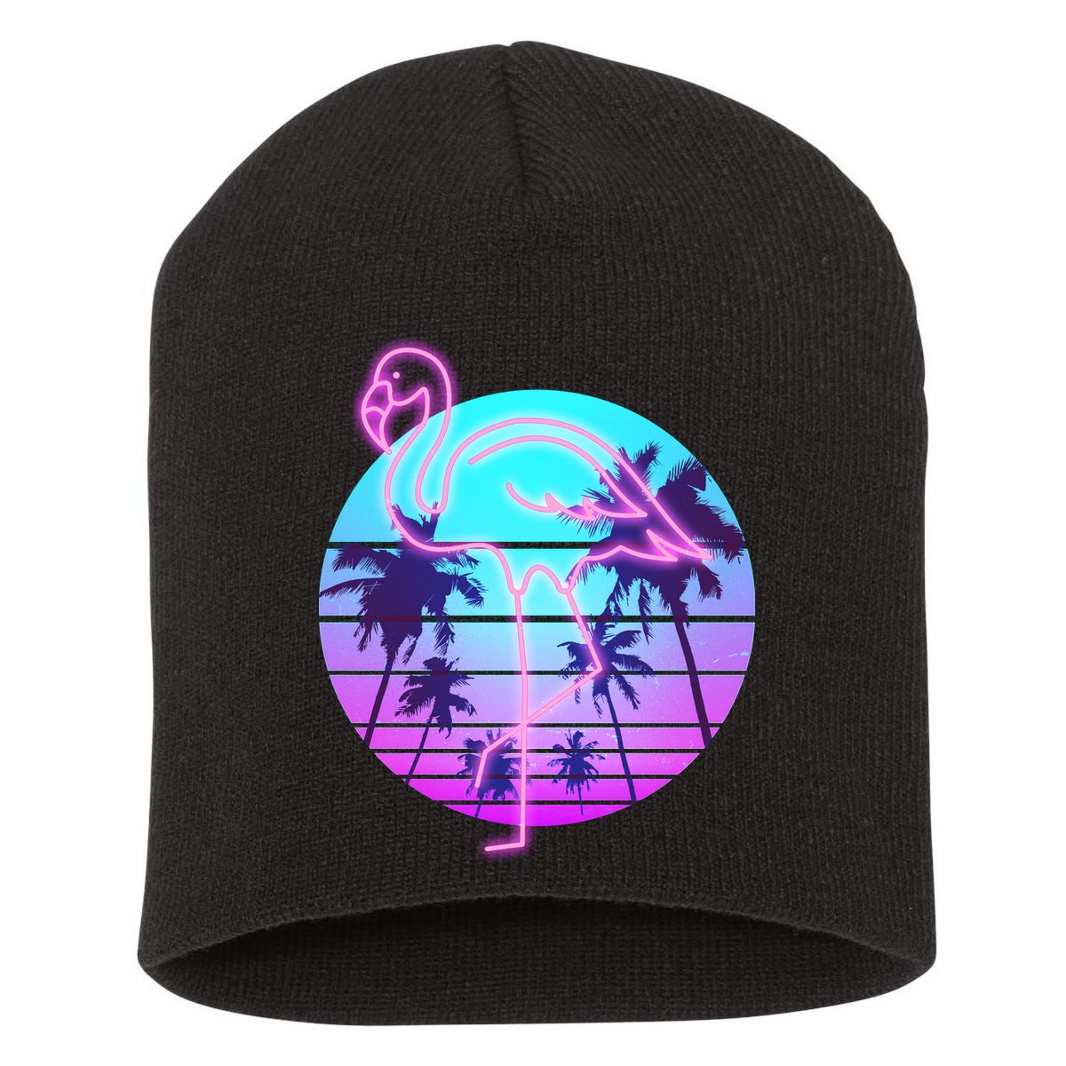 Retro Eighties 80's Neon Flamingo Emblem Short Acrylic Beanie