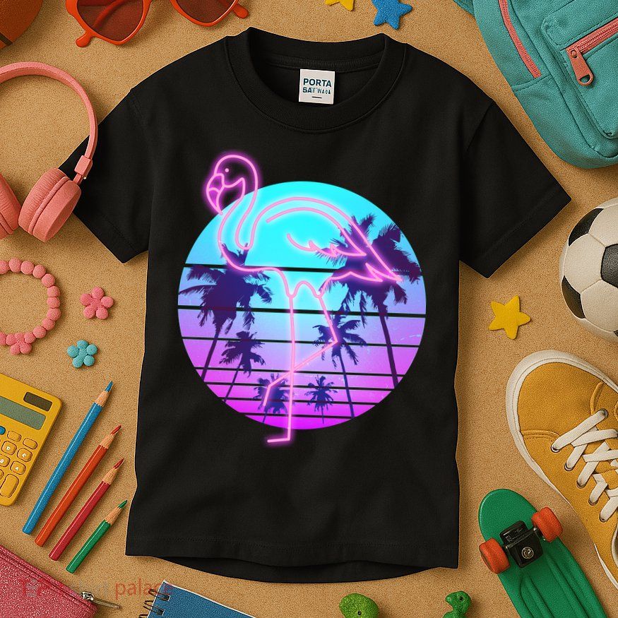 Retro Eighties 80's Neon Flamingo Emblem Kids T-Shirt