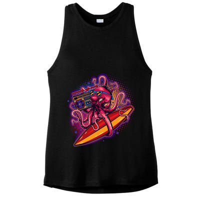 Retro Eighties 80's Surfer Octopus Ladies PosiCharge Tri-Blend Wicking Tank