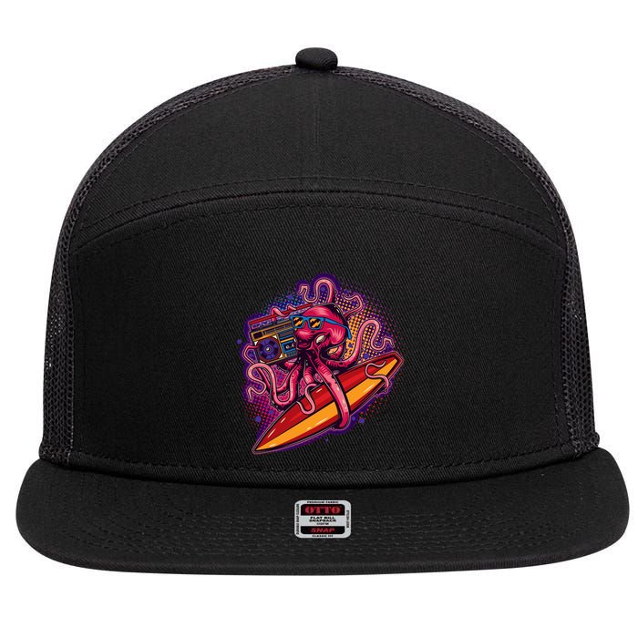 Retro Eighties 80's Surfer Octopus 7 Panel Mesh Trucker Snapback Hat