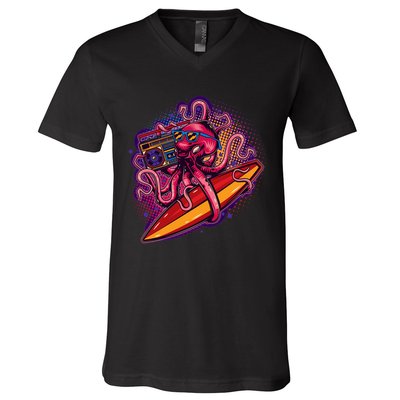 Retro Eighties 80's Surfer Octopus V-Neck T-Shirt