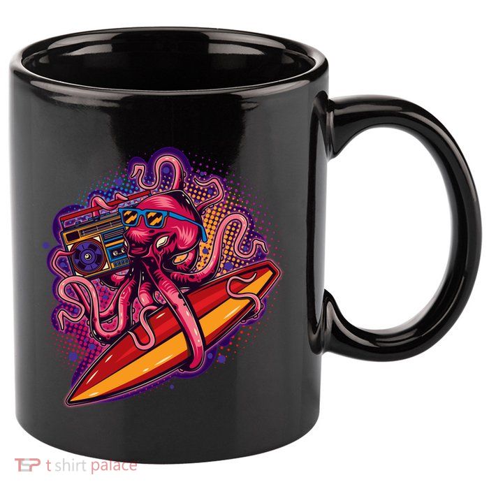 Retro Eighties 80's Surfer Octopus 11oz C Handle Ceramic Mug