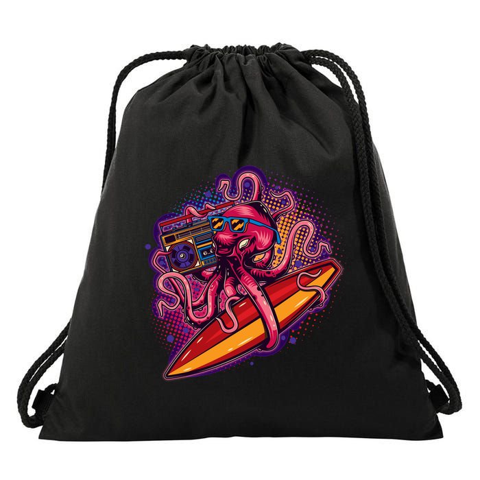 Retro Eighties 80's Surfer Octopus Drawstring Bag