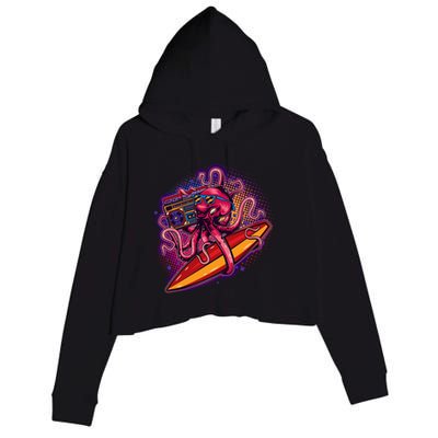 Retro Eighties 80's Surfer Octopus Crop Fleece Hoodie