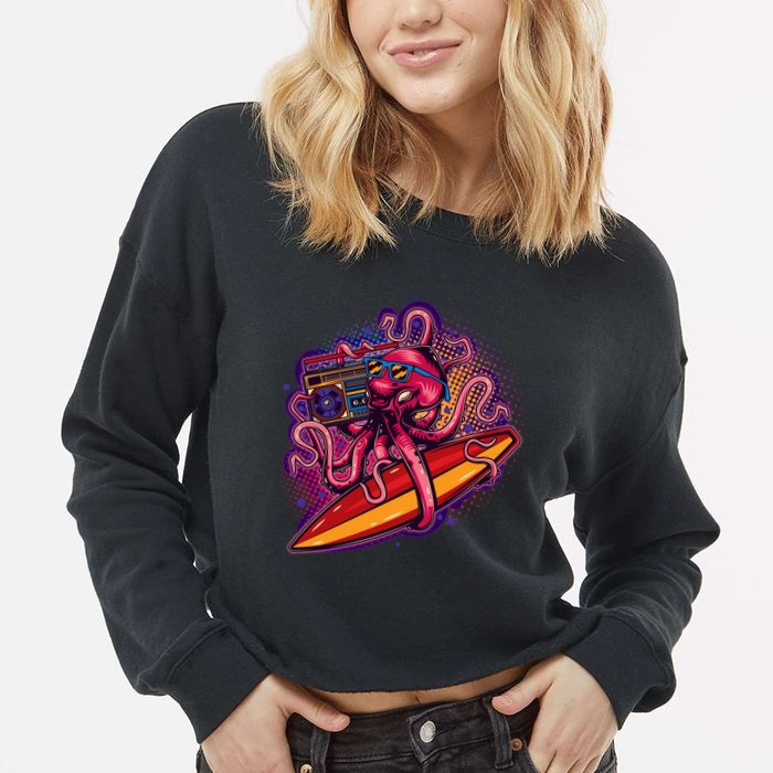 Retro Eighties 80's Surfer Octopus Cropped Pullover Crew