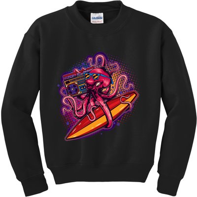 Retro Eighties 80's Surfer Octopus Kids Sweatshirt
