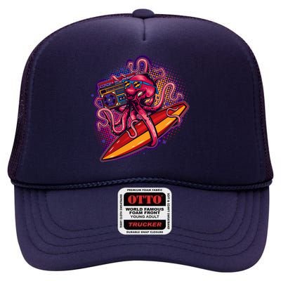 Retro Eighties 80's Surfer Octopus High Crown Mesh Back Trucker Hat