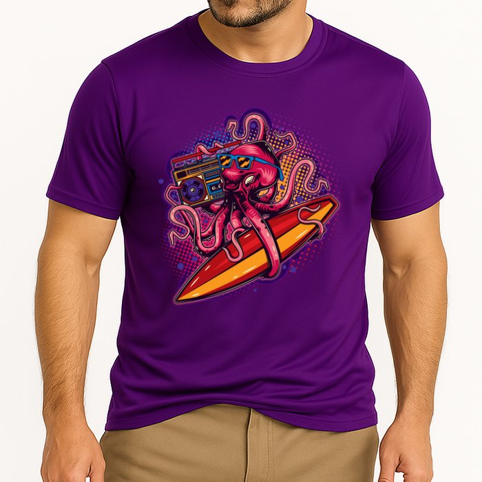 Retro Eighties 80's Surfer Octopus Cooling Performance Crew T-Shirt